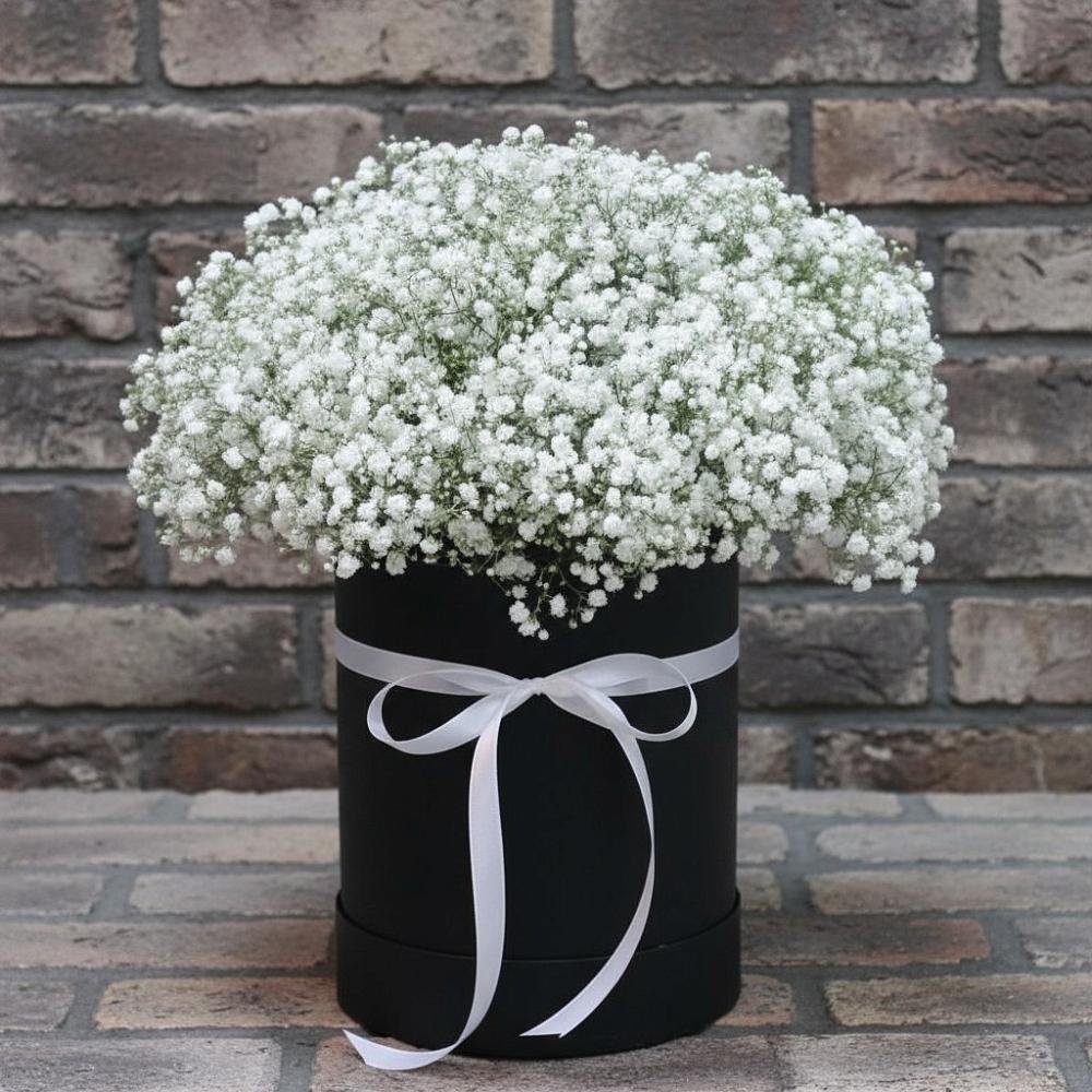 Цветочная композиция из Гипсофила в шляпной коробке в Шыгырдан