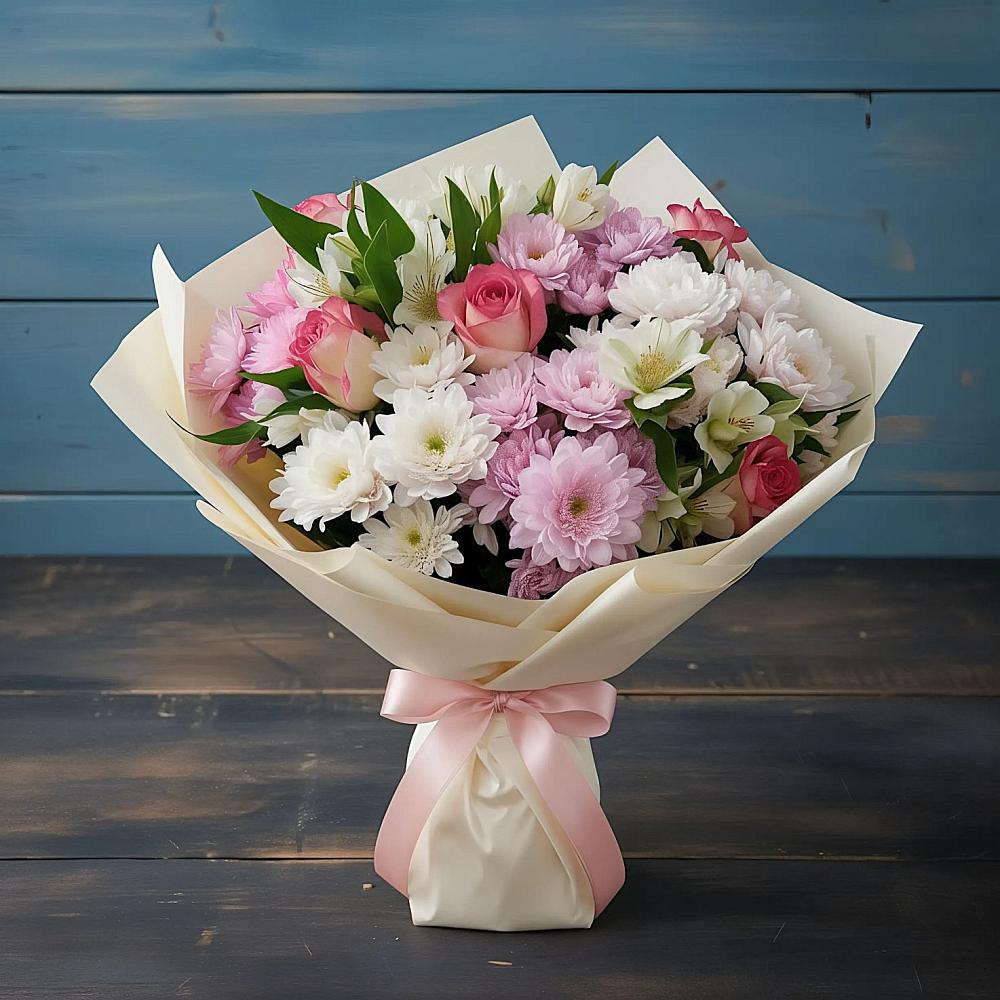 Букет цветов из: Хризантемы, Альстромерии и Розы в Шыгырдан